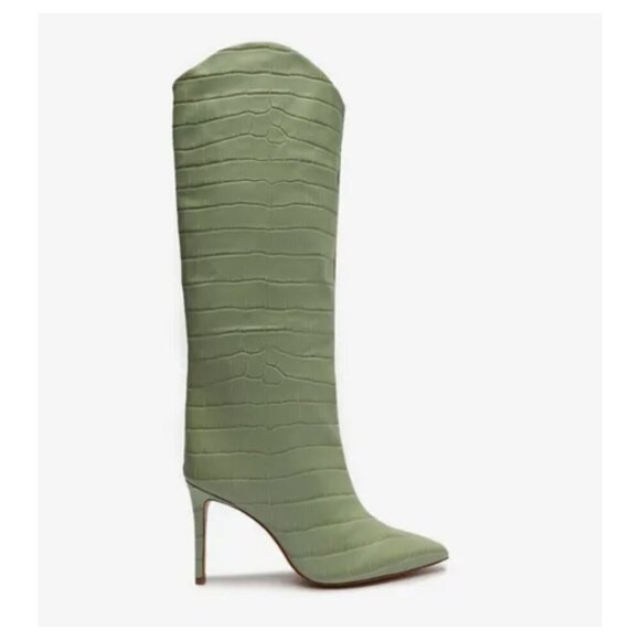 Schutz x Bala Maryana Limited Edition Crocodile-Embossed Sage Leather Boots RARE - Picture 1 of 11